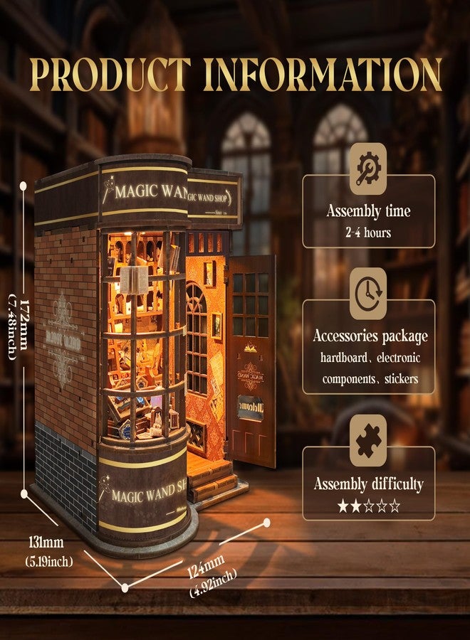 كيوت روم مجموعة ركن الكتب من كيوتروم للكبار، أحجية خشبية ثلاثية الأبعاد، مجموعة بناء منزل مصغر مع إضاءة LED لتزيين رفوف الكتب - عصا سحرية - Image 3